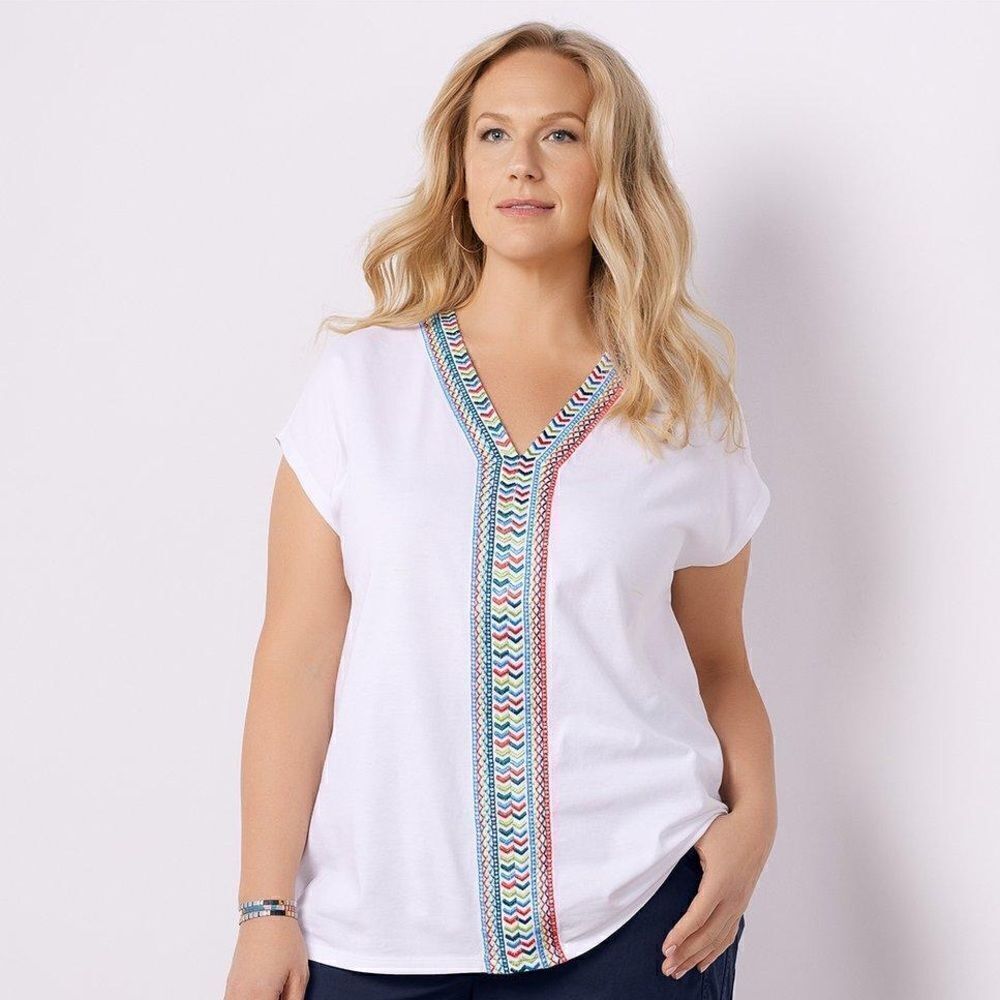 Soft Surroundings White V-neck Izabel Embroidered Jersey-Knit Blouse Size Medium
